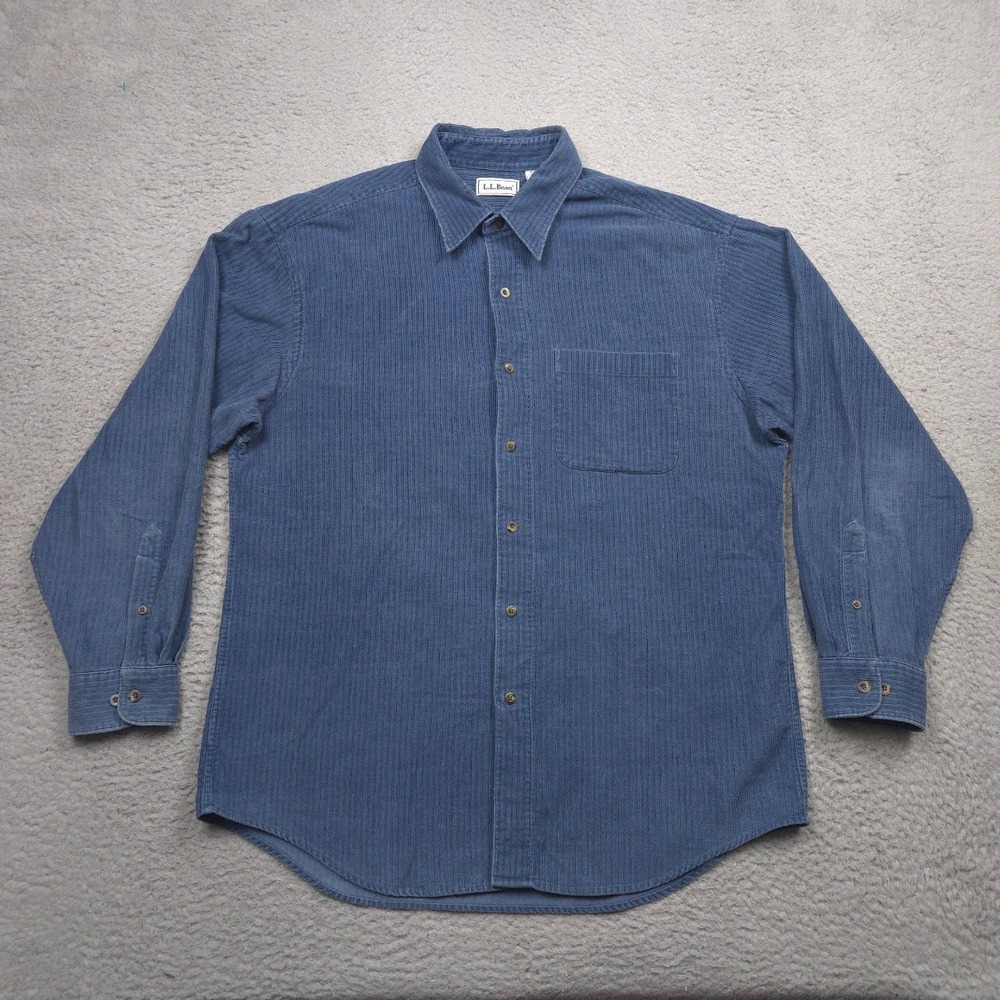L.L.Bean Vintage Corduroy Shirt Men Large Blue Cotton Long Sleeve Hong Kong